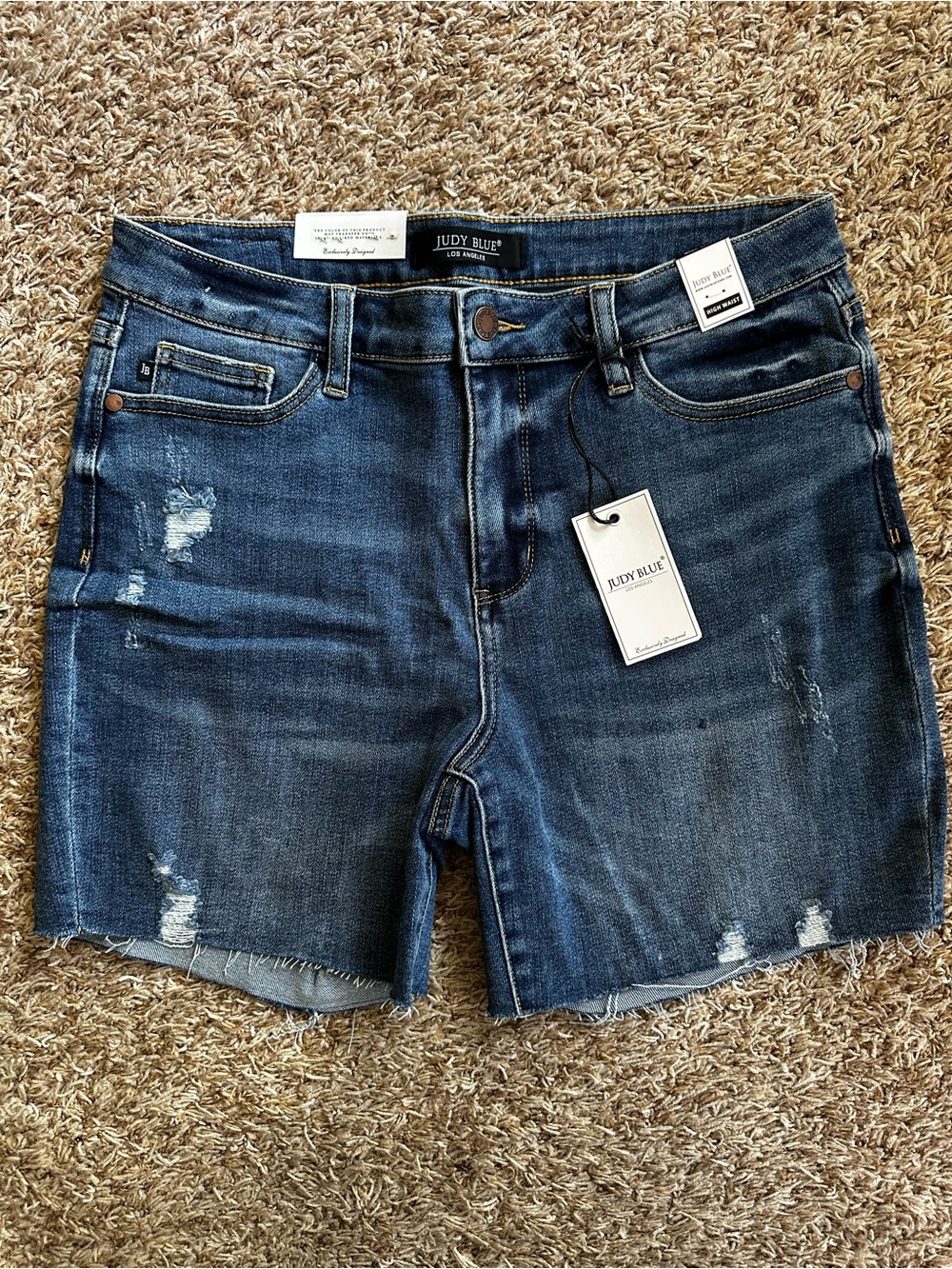 Judy Blue Mid-Rise Dark Wash Distressed Denim Shorts